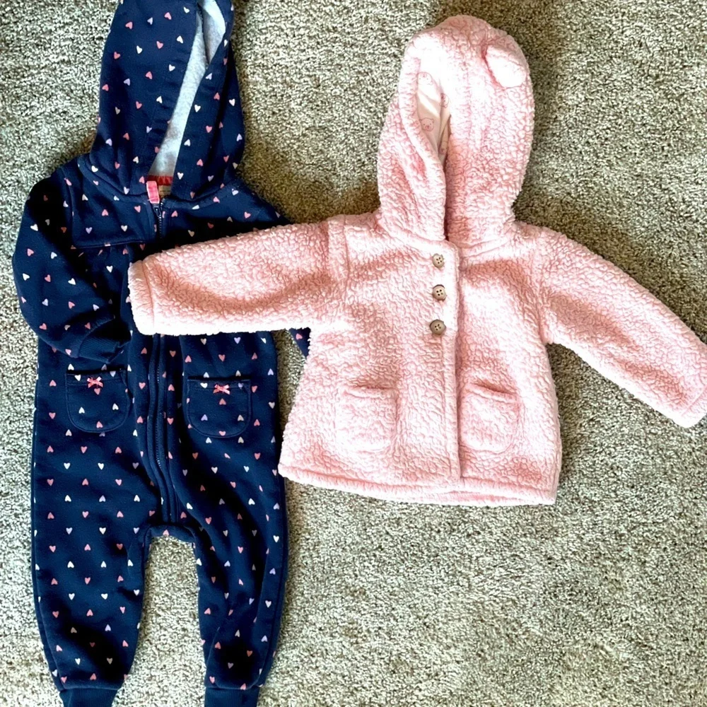 Carters baby girl pink fuzzy coat jacket and warm fleece hooded jumpsuit size 9M